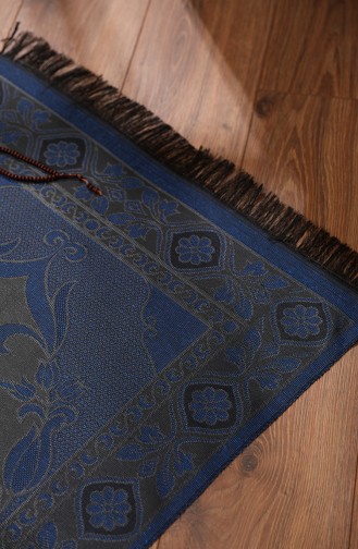 Tapis de Prière en Taffetas à Motifs Chapelet Offert 0162-03 Bleu Roi Noir 0162-03