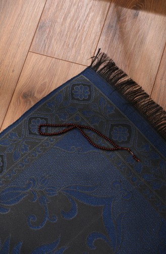 Tapis de Prière en Taffetas à Motifs Chapelet Offert 0162-03 Bleu Roi Noir 0162-03