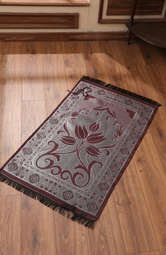 Tapis de Prière en Taffetas à Motifs avec Cadeau de Chapelet 0162-04 Bordeaux Argent 0162-04