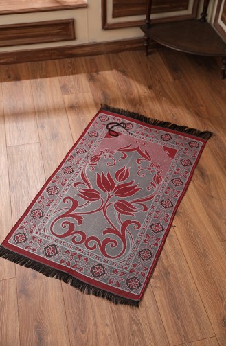 Patterned Taffeta Prayer Rug with Tasbih Gift 0162-07 Claret Red Silver 0162-07