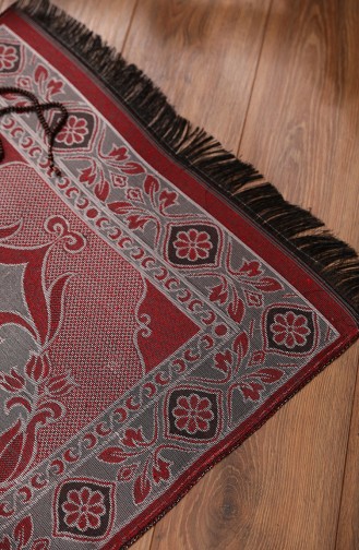 Tapis de Prière en Taffetas à Motifs avec Cadeau de Chapelet 0162-07 Rouge Argent 0162-07