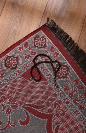 Patterned Taffeta Prayer Rug with Tasbih Gift 0162-07 Claret Red Silver 0162-07