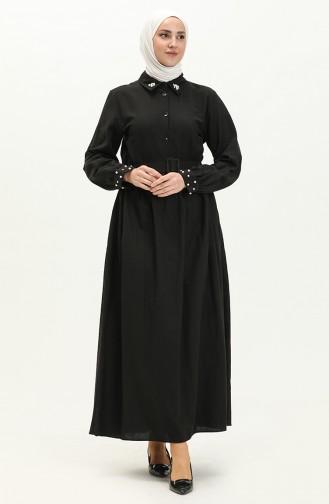 Keten İncili Kemerli Elbise 1003-02 Siyah