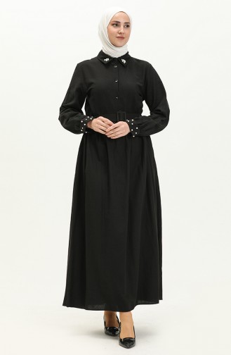 Leinenperlenkleid mit Gürtel  1003-02 Schwarz 1003-02