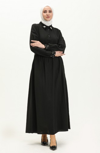 Keten İncili Kemerli Elbise 1003-02 Siyah