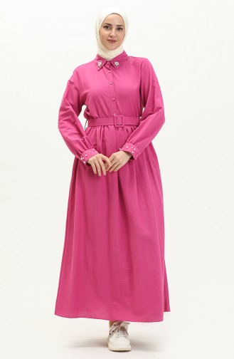 Linen Pearl Belted Dress 1003-03 Fuchsia 1003-03