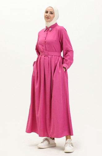 Linen Pearl Belted Dress 1003-03 Fuchsia 1003-03