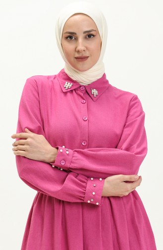 Linen Pearl Belted Dress 1003-03 Fuchsia 1003-03