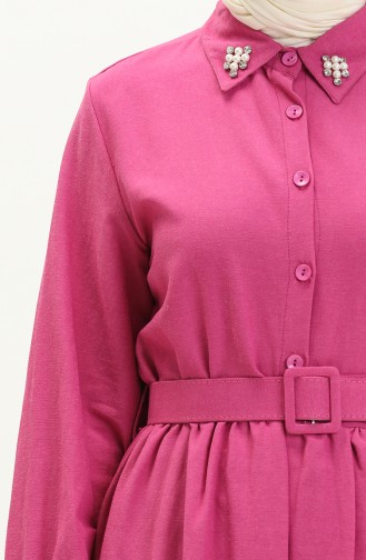 Linen Pearl Belted Dress 1003-03 Fuchsia 1003-03