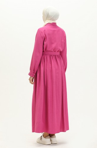 Linen Pearl Belted Dress 1003-03 Fuchsia 1003-03