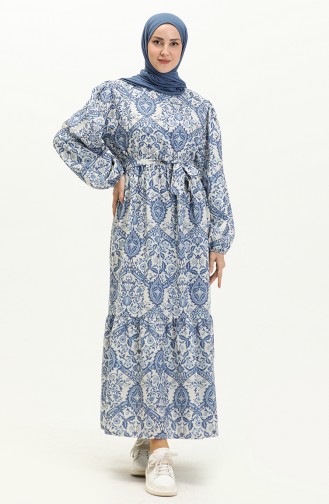 Gemustertes Leinenkleid 1019-01 Indigo 1019-01
