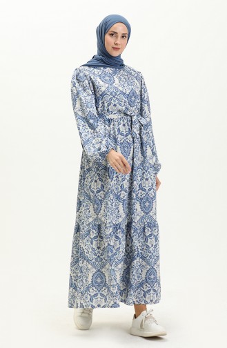 Gemustertes Leinenkleid 1019-01 Indigo 1019-01