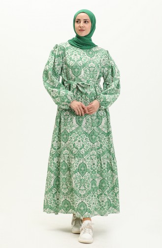 Gemustertes Leinenkleid 1019-02 Grün 1019-02