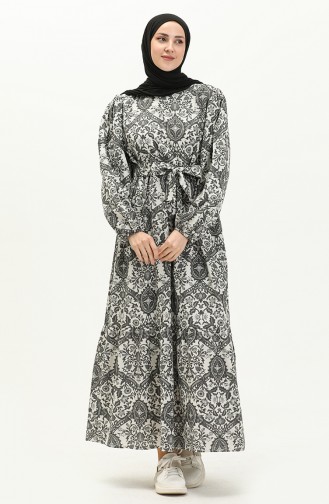 Gemustertes Leinenkleid 1019-03 Schwarz 1019-03
