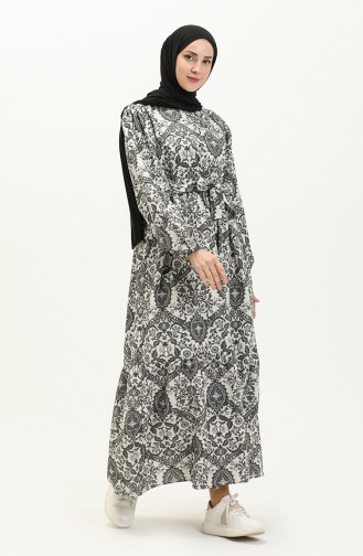 Gemustertes Leinenkleid 1019-03 Schwarz 1019-03