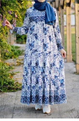 Ebruli Desen Tesettür Elbise 472 Mavi