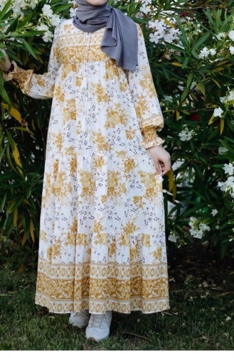 Ebruli Desen Tesettür Elbise 472 Sarı