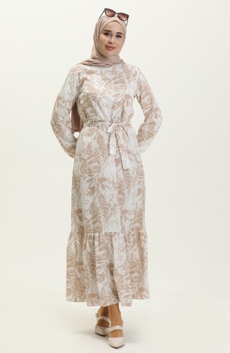 Desenli Kuşaklı Elbise 1083-06 Bej