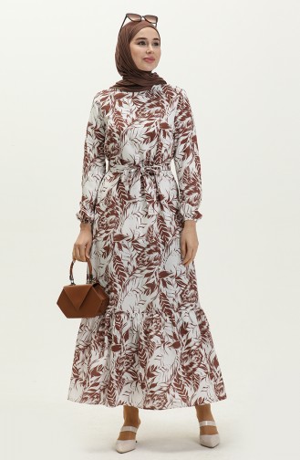 Robe Ceinturée à Motifs 1083-03 Brun 1083-03