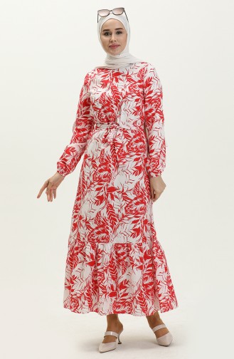 Robe Ceinturée à Motifs 1083-04 Rouge 1083-04