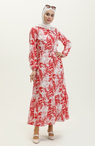 Desenli Kuşaklı Elbise 1083-04 Kırmızı