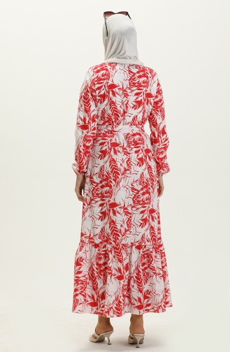 Desenli Kuşaklı Elbise 1083-04 Kırmızı
