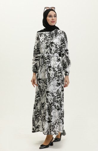 Robe Ceinturée à Motifs 1083-01 Noir 1083-01