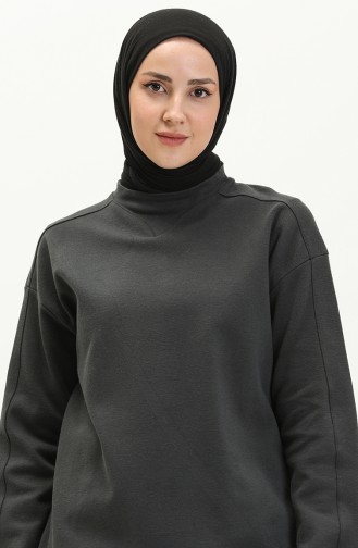 Haki Bisiklet Yaka Kol Detaylı Basic Örme Sweatshirt 10381 08 Haki