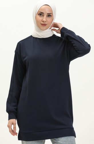 Koyu Lacivert Bisiklet Yaka Kol Detaylı Basic Örme Sweatshirt 10381 09