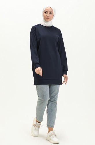 Koyu Lacivert Bisiklet Yaka Kol Detaylı Basic Örme Sweatshirt 10381 09