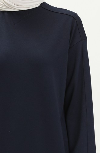 Koyu Lacivert Bisiklet Yaka Kol Detaylı Basic Örme Sweatshirt 10381 09