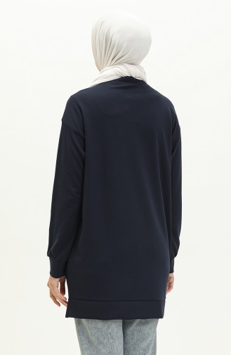 Koyu Lacivert Bisiklet Yaka Kol Detaylı Basic Örme Sweatshirt 10381 09