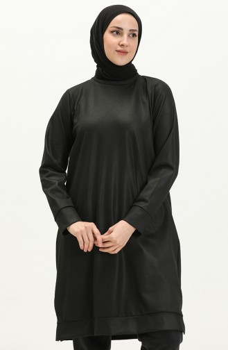 Siyah Bisiklet Yaka Yırtmaç Detaylı Basic Örme Sweatshirt 10382