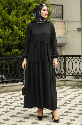 Gerafftes Detailkleid 2051-03 Schwarz 2051-03