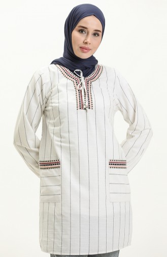 Etnik Desen Detaylı Keten Tunik 24Y8873-01 Ekru Lacivert 24Y8873-01