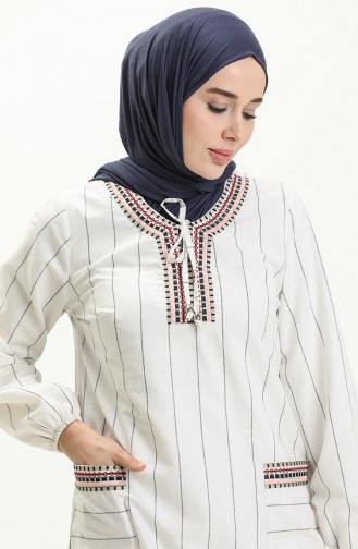 Etnik Desen Detaylı Keten Tunik 24Y8873-01 Ekru Lacivert 24Y8873-01