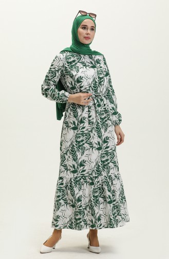 Desenli Kuşaklı Elbise 1083-02 Zümrüt Yeşili