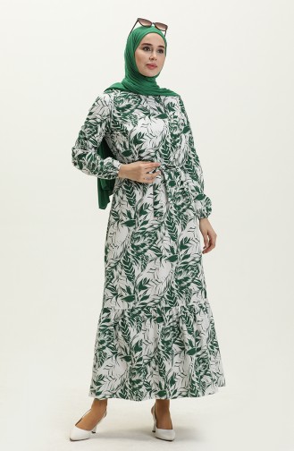 Robe Ceinturée à Motifs 1083-02 Vert Emeraude 1083-02