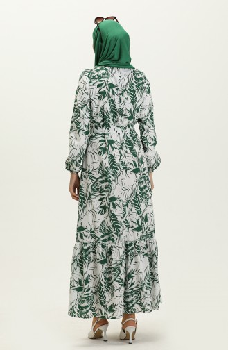 Desenli Kuşaklı Elbise 1083-02 Zümrüt Yeşili