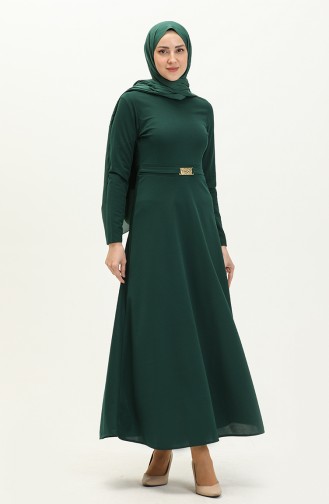 فستان بتفصيل حزام 7136-06 أخضر زمردي 7136-06