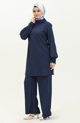 Yakası Büzgülü Bürümcük Tunik Pantolon Takım 24m01-01 İndigo