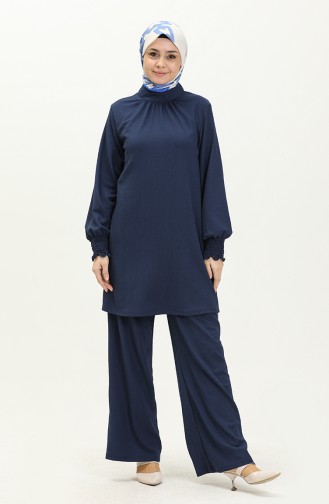Yakası Büzgülü Bürümcük Tunik Pantolon Takım 24m01-01 İndigo