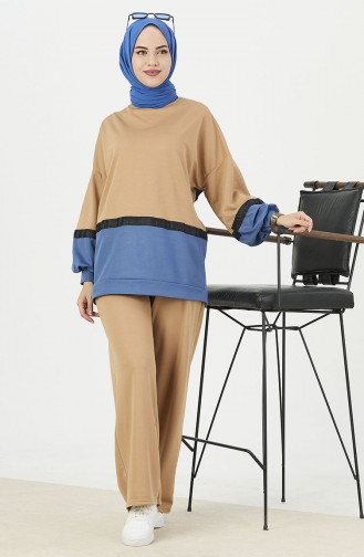 Color Block Tunic Pants Two Piece Suit 11059-02 Indigo 11059-02