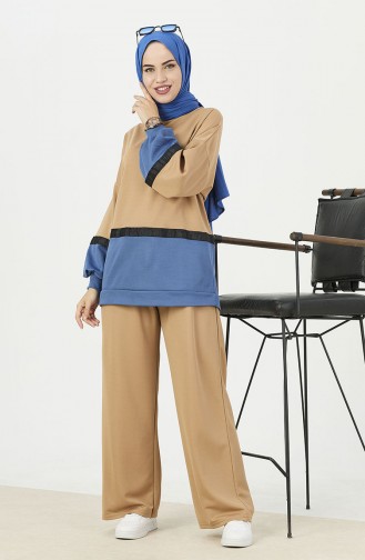 Color Block Tunic Pants Two Piece Suit 11059-02 Indigo 11059-02