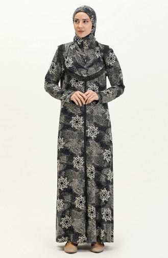 Fermuarlı Emprime Namaz Elbisesi 4487G-01 Lacivert