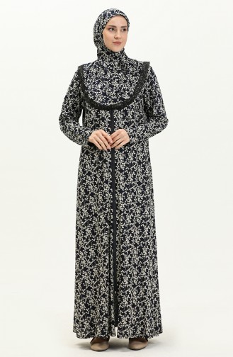 Zippered Printed Prayer Dress 4487J-02 Navy Blue 4487J-02