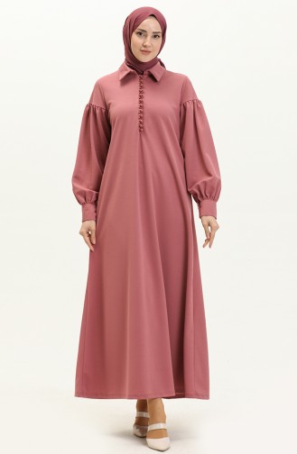 فستان للحجاب بتفاصيل أكمام بالون وأزرار 11M02-05 لون وردي مغبر 11M02-05