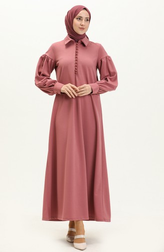 Hijab-Kleid Mit Ballonärmeln Und Knopfdetail 11M02-05 Dusty Rose 11M02-05