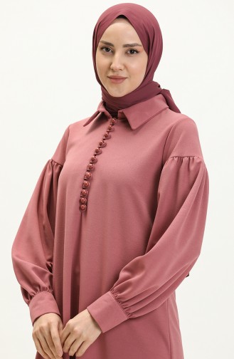 فستان للحجاب بتفاصيل أكمام بالون وأزرار 11M02-05 لون وردي مغبر 11M02-05