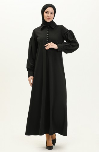 Ballonmouwen Knoop Gedetailleerde Hijab-jurk 11M02-04 Zwart 11M02-04